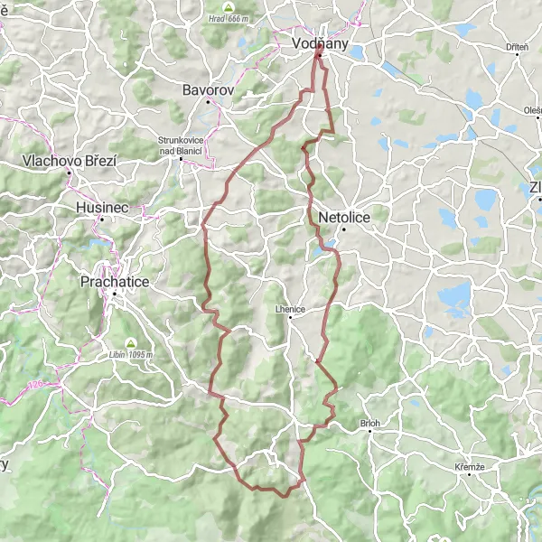 Mapa miniatúra "Celodenná gravel trasa s vysokým stúpaním" cyklistická inšpirácia v Jihozápad, Czech Republic. Vygenerované cyklistickým plánovačom trás Tarmacs.app