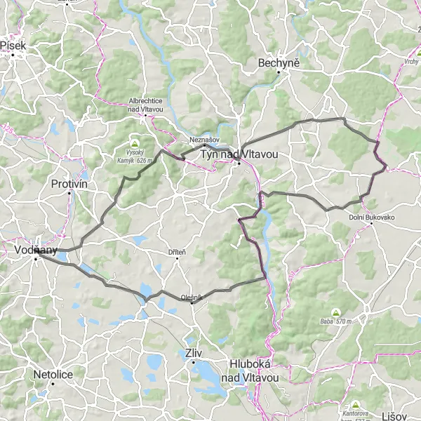 Karten-Miniaturansicht der Radinspiration "Herausfordernde Rundtour um Vodňany" in Jihozápad, Czech Republic. Erstellt vom Tarmacs.app-Routenplaner für Radtouren