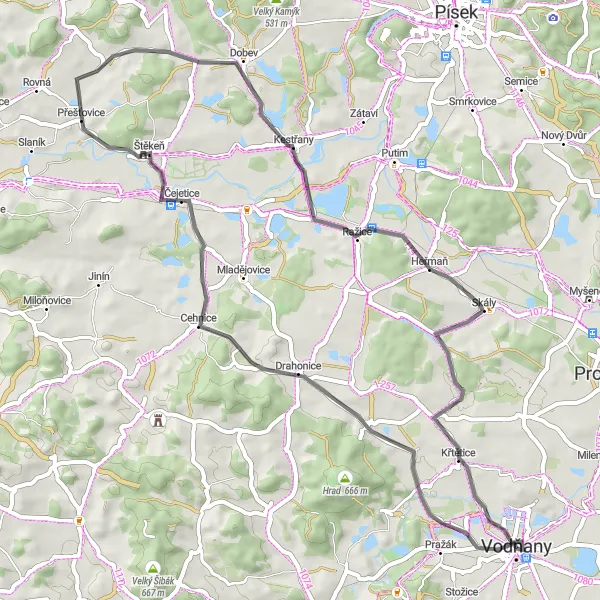 Miniaturní mapa "Okružní cyklistická trasa z Vodňan" inspirace pro cyklisty v oblasti Jihozápad, Czech Republic. Vytvořeno pomocí plánovače tras Tarmacs.app