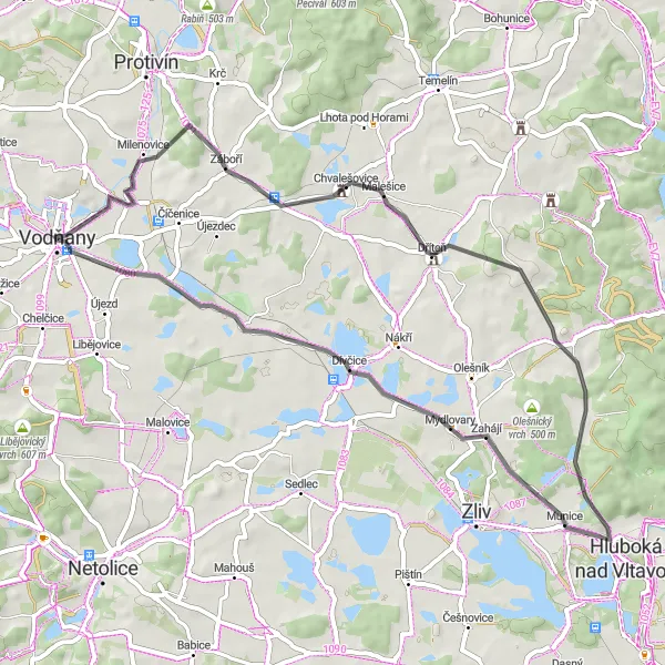 Map miniature of "Čavyně and Nuzová Loop" cycling inspiration in Jihozápad, Czech Republic. Generated by Tarmacs.app cycling route planner