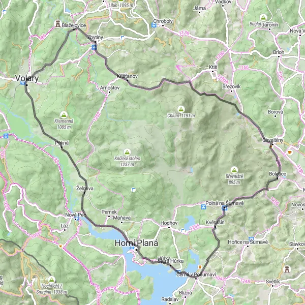 Mapa miniatúra "Cesta Jihočeskými lesy" cyklistická inšpirácia v Jihozápad, Czech Republic. Vygenerované cyklistickým plánovačom trás Tarmacs.app