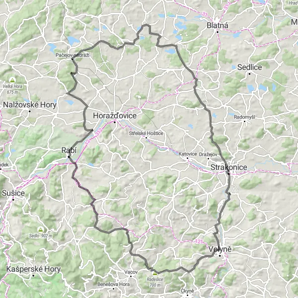 Miniaturní mapa "Kopcůmi okolo Krušlova a rozhledna Chanovice" inspirace pro cyklisty v oblasti Jihozápad, Czech Republic. Vytvořeno pomocí plánovače tras Tarmacs.app