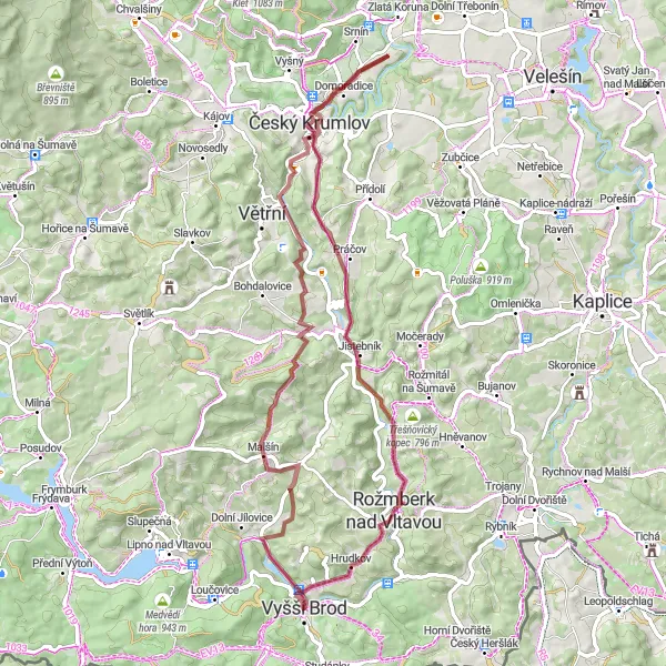 Map miniature of "Unforgettable Gravel Cycling Journey near Vyšší Brod" cycling inspiration in Jihozápad, Czech Republic. Generated by Tarmacs.app cycling route planner