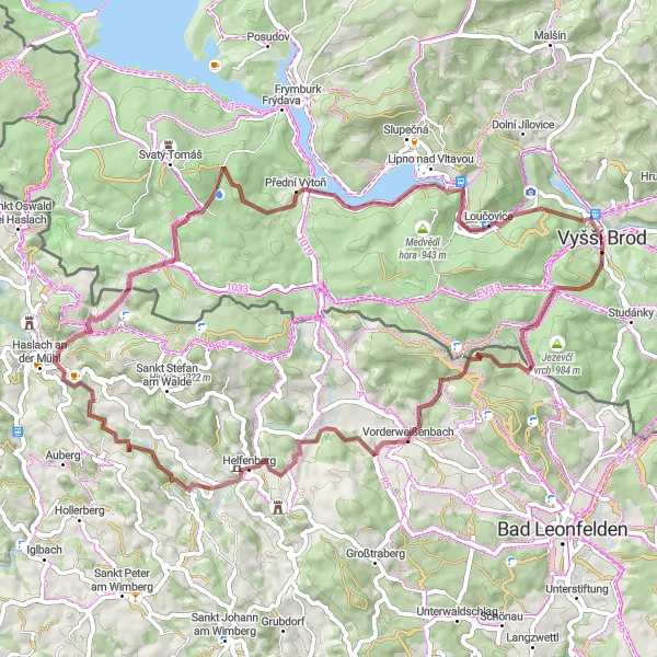 Map miniature of "Off-Road Gravel Adventure near Vyšší Brod" cycling inspiration in Jihozápad, Czech Republic. Generated by Tarmacs.app cycling route planner