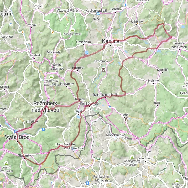 Map miniature of "Gravel Adventure in the Czech Countryside" cycling inspiration in Jihozápad, Czech Republic. Generated by Tarmacs.app cycling route planner