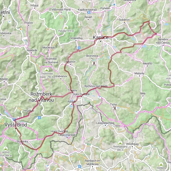 Mapa miniatúra "Gravel dobrodružstvo od Vyššího Brodu" cyklistická inšpirácia v Jihozápad, Czech Republic. Vygenerované cyklistickým plánovačom trás Tarmacs.app