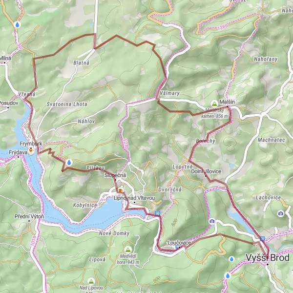 Map miniature of "Explore the Nature in Vyšší Brod by Gravel Bike" cycling inspiration in Jihozápad, Czech Republic. Generated by Tarmacs.app cycling route planner
