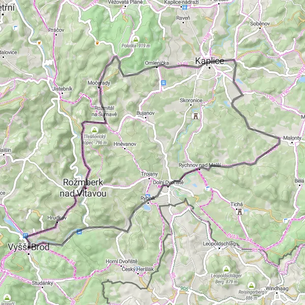 Map miniature of "Scenic Road Cycling Route near Vyšší Brod" cycling inspiration in Jihozápad, Czech Republic. Generated by Tarmacs.app cycling route planner