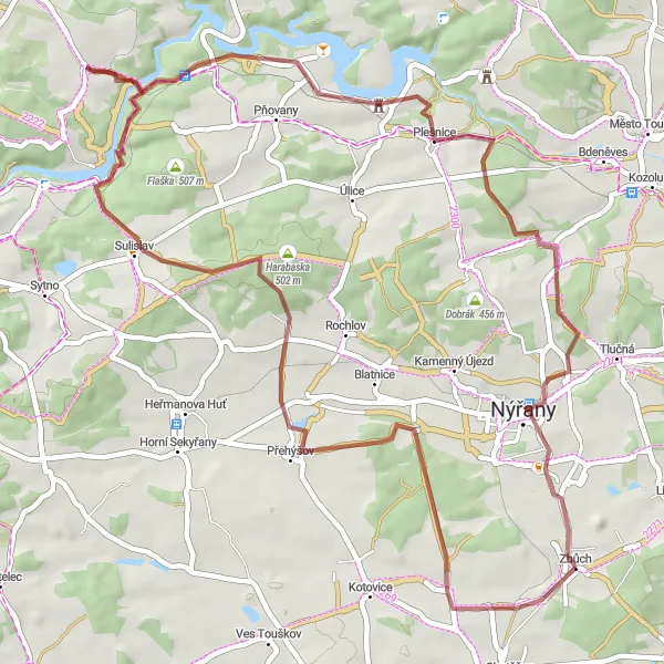Map miniature of "Zbůch - Jetelový vrch - Kbelany - Klasnice - Plešnice - Myslinka - Šibeniční vrch" cycling inspiration in Jihozápad, Czech Republic. Generated by Tarmacs.app cycling route planner