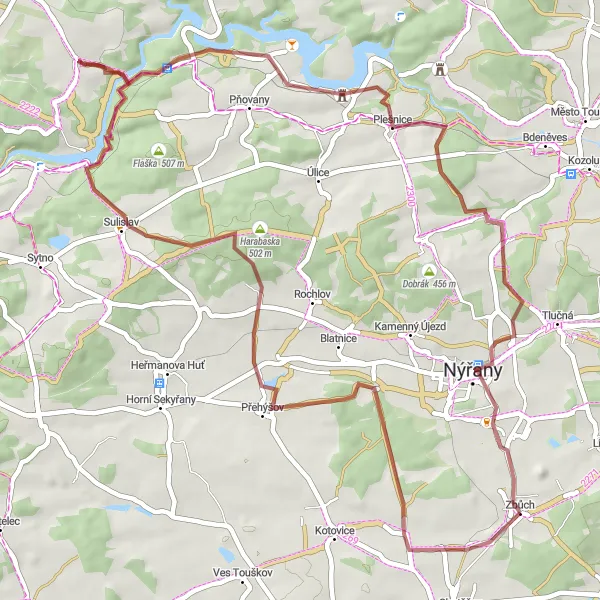 Miniaturní mapa "Gravelový okruh přes Jetelový vrch a Šibeniční vrch" inspirace pro cyklisty v oblasti Jihozápad, Czech Republic. Vytvořeno pomocí plánovače tras Tarmacs.app