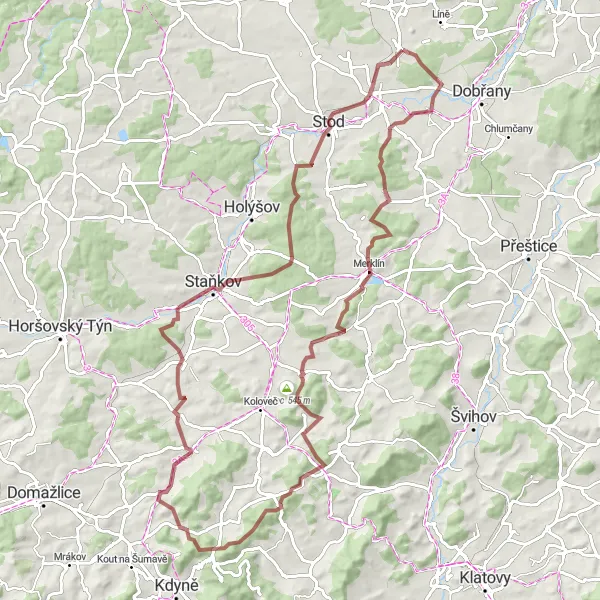 Miniaturní mapa "Gravel Křížový vrch and Staňkov II" inspirace pro cyklisty v oblasti Jihozápad, Czech Republic. Vytvořeno pomocí plánovače tras Tarmacs.app