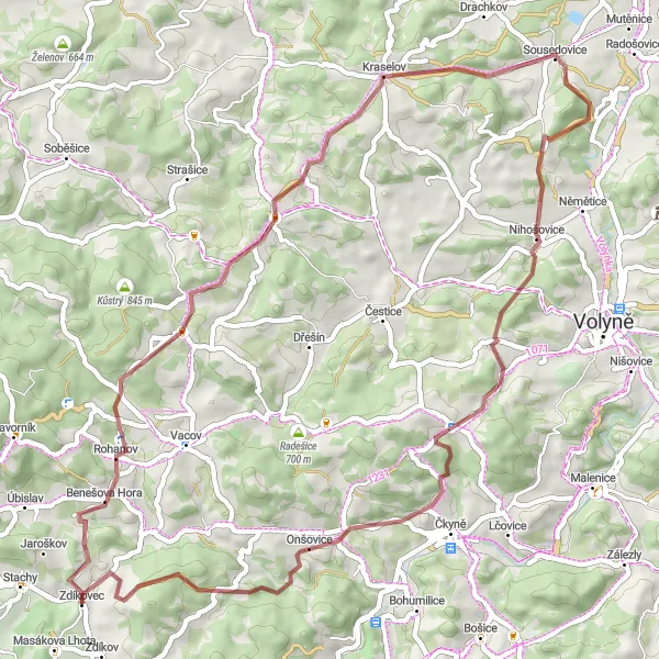 Map miniature of "The Benešova Hora Loop" cycling inspiration in Jihozápad, Czech Republic. Generated by Tarmacs.app cycling route planner