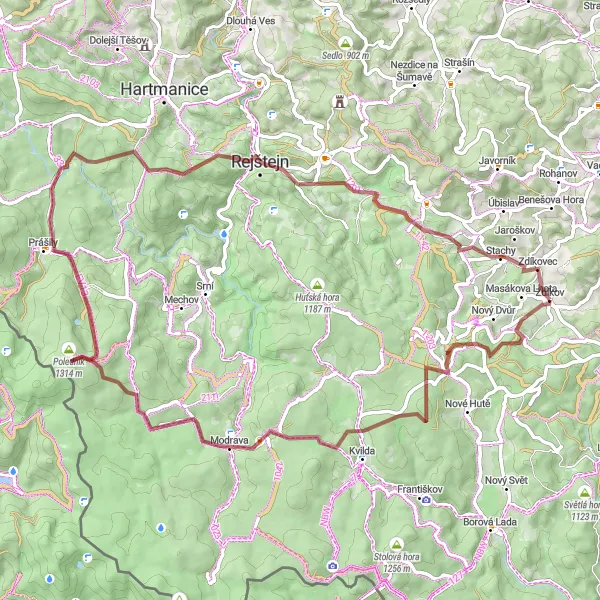 Mapa miniatúra "Masákova Lhota - Zdíkovec Gravel Trasa" cyklistická inšpirácia v Jihozápad, Czech Republic. Vygenerované cyklistickým plánovačom trás Tarmacs.app