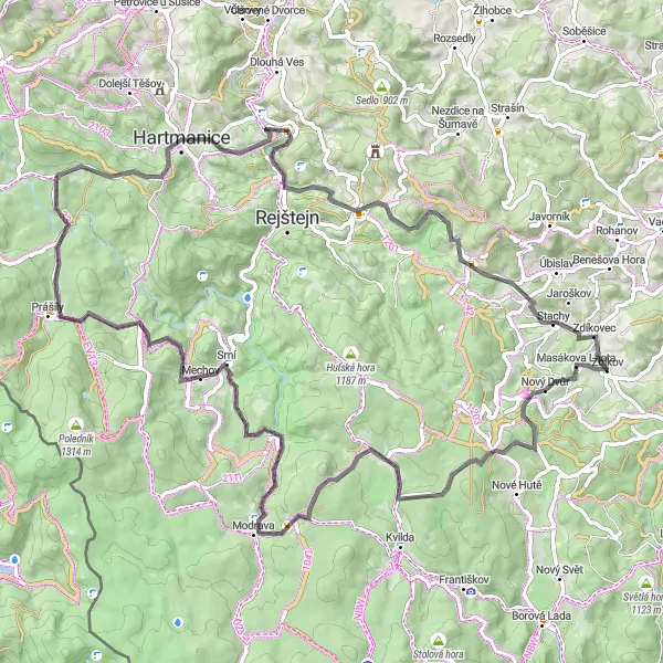 Miniaturní mapa "Cyklistická trasa Zdíkov - Stachy" inspirace pro cyklisty v oblasti Jihozápad, Czech Republic. Vytvořeno pomocí plánovače tras Tarmacs.app