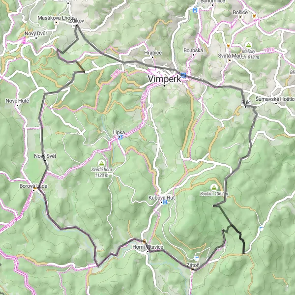 Miniaturní mapa "Jízda kolem Zdíkovského zámku a Kamenné hory" inspirace pro cyklisty v oblasti Jihozápad, Czech Republic. Vytvořeno pomocí plánovače tras Tarmacs.app