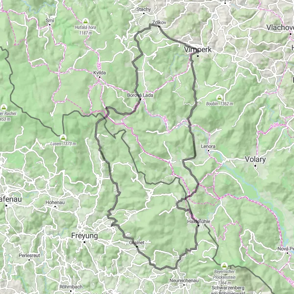 Miniaturní mapa "Okružní cyklistická trasa Zdíkov - Auersbergsreut" inspirace pro cyklisty v oblasti Jihozápad, Czech Republic. Vytvořeno pomocí plánovače tras Tarmacs.app