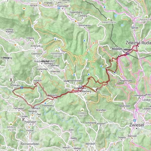 Map miniature of "Gravel Adventure to Bodenmais and Hahnenriegel" cycling inspiration in Jihozápad, Czech Republic. Generated by Tarmacs.app cycling route planner
