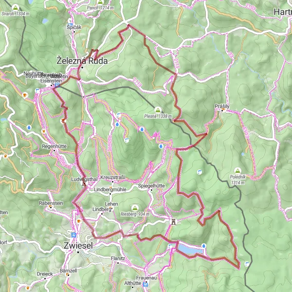 Karten-Miniaturansicht der Radinspiration "Die abenteuerliche Schotterroute um Železná Ruda" in Jihozápad, Czech Republic. Erstellt vom Tarmacs.app-Routenplaner für Radtouren