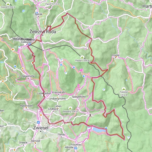 Map miniature of "Gravel Adventure to Unterzwieselau and Hochberg" cycling inspiration in Jihozápad, Czech Republic. Generated by Tarmacs.app cycling route planner