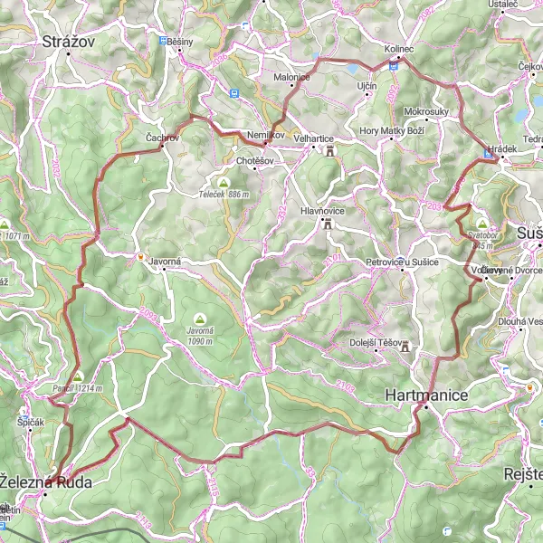 Mapa miniatúra "Gravelová cesta okolo Železné Rudy" cyklistická inšpirácia v Jihozápad, Czech Republic. Vygenerované cyklistickým plánovačom trás Tarmacs.app