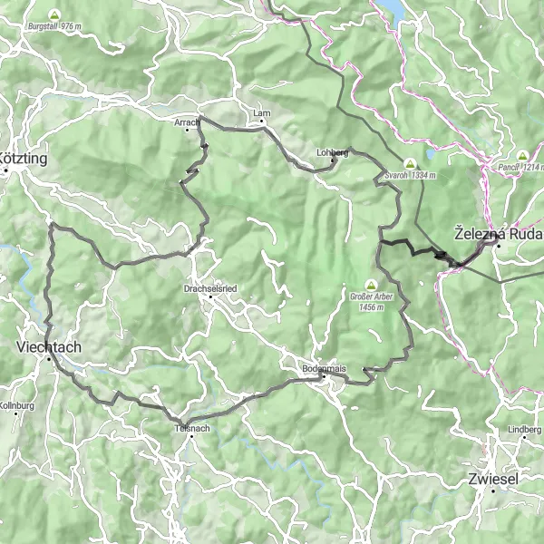 Map miniature of "Road to Lam via Viechtach and Bodenmais" cycling inspiration in Jihozápad, Czech Republic. Generated by Tarmacs.app cycling route planner