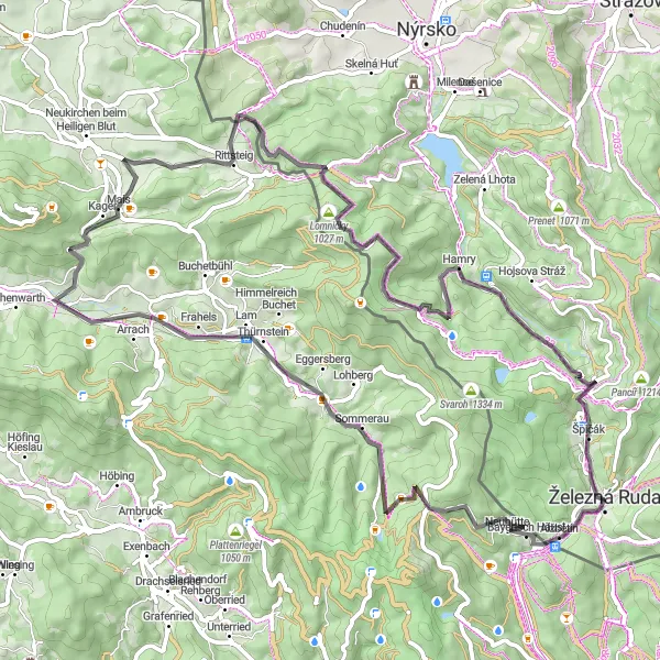 Miniaturní mapa "Jízda z Železné Rudy přes Bayerisch Eisenstein a Lam" inspirace pro cyklisty v oblasti Jihozápad, Czech Republic. Vytvořeno pomocí plánovače tras Tarmacs.app