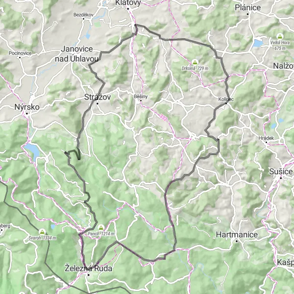 Mapa miniatúra "Do kopců kolem Železné Rudy" cyklistická inšpirácia v Jihozápad, Czech Republic. Vygenerované cyklistickým plánovačom trás Tarmacs.app