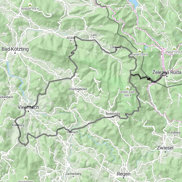 Karten-Miniaturansicht der Radinspiration "Die anspruchsvolle Straßenroute durch Bayerisch Eisenstein" in Jihozápad, Czech Republic. Erstellt vom Tarmacs.app-Routenplaner für Radtouren