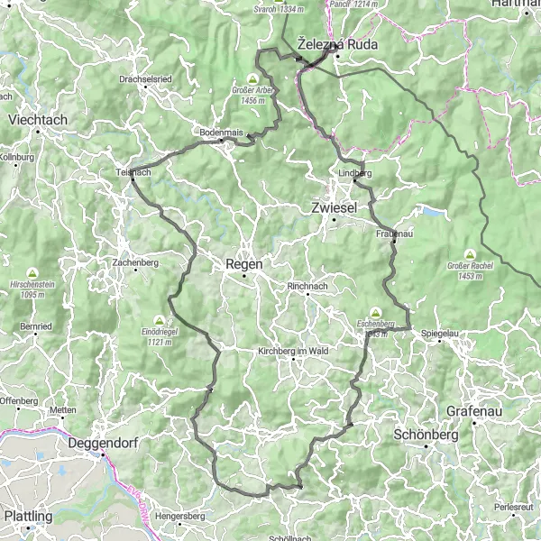 Map miniature of "The Zwiesel Bike Loop" cycling inspiration in Jihozápad, Czech Republic. Generated by Tarmacs.app cycling route planner