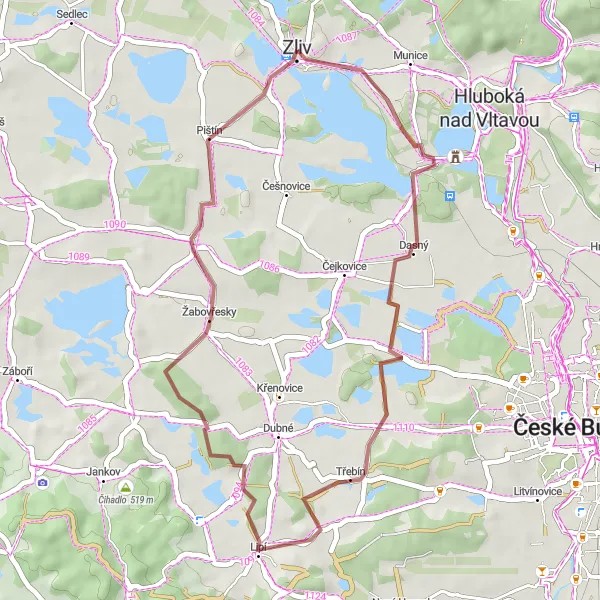 Karten-Miniaturansicht der Radinspiration "Bike-Tour von Zliv nach Pištín" in Jihozápad, Czech Republic. Erstellt vom Tarmacs.app-Routenplaner für Radtouren