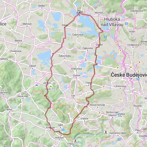 Karten-Miniaturansicht der Radinspiration "Gravelroute durch Zliv und Háj" in Jihozápad, Czech Republic. Erstellt vom Tarmacs.app-Routenplaner für Radtouren