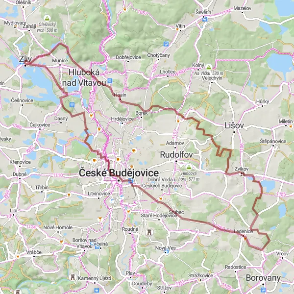 Miniaturní mapa "Okolo Zlivu a Zvíkova" inspirace pro cyklisty v oblasti Jihozápad, Czech Republic. Vytvořeno pomocí plánovače tras Tarmacs.app