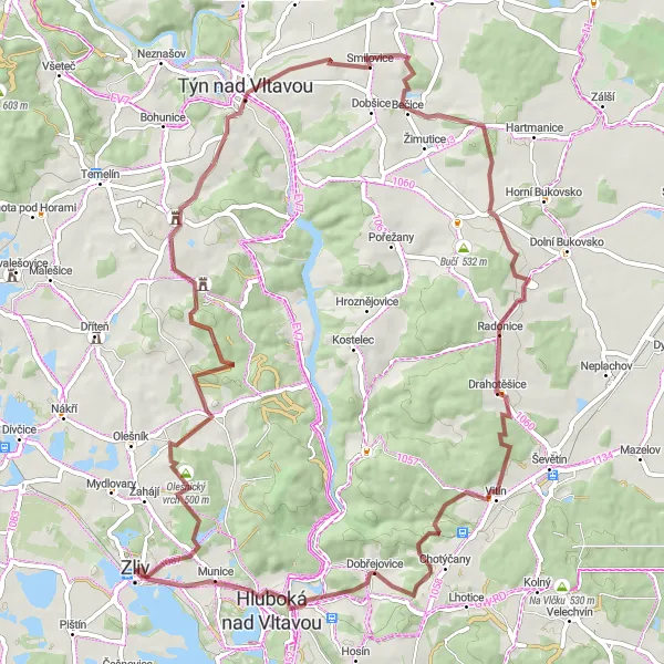 Karten-Miniaturansicht der Radinspiration "Gravel-Rundkurs um Zliv" in Jihozápad, Czech Republic. Erstellt vom Tarmacs.app-Routenplaner für Radtouren