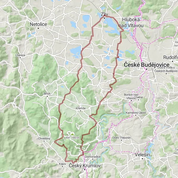Miniaturní mapa "Gravelový okruh kolem Zlivu s výhledy na Granátník a Pištín" inspirace pro cyklisty v oblasti Jihozápad, Czech Republic. Vytvořeno pomocí plánovače tras Tarmacs.app