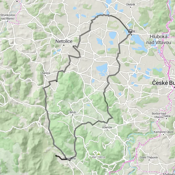 Miniaturní mapa "Jižní okruh s výhledy od Zlivu" inspirace pro cyklisty v oblasti Jihozápad, Czech Republic. Vytvořeno pomocí plánovače tras Tarmacs.app