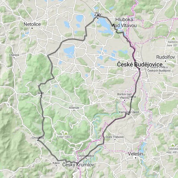 Miniaturní mapa "Okruh kolem Zlivu přes Bavorovice a Janské Údolí" inspirace pro cyklisty v oblasti Jihozápad, Czech Republic. Vytvořeno pomocí plánovače tras Tarmacs.app