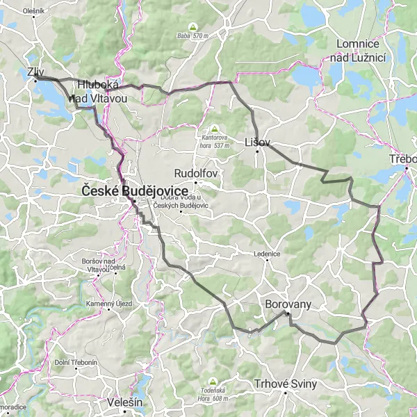 Miniaturní mapa "Road Zliv - Bavorovice" inspirace pro cyklisty v oblasti Jihozápad, Czech Republic. Vytvořeno pomocí plánovače tras Tarmacs.app