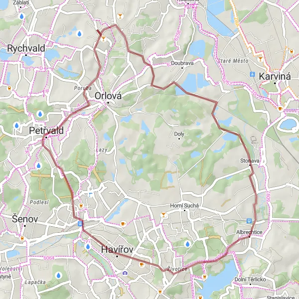 Miniaturní mapa "Gravel cyklotrasa Albrechtice - Stonava" inspirace pro cyklisty v oblasti Moravskoslezsko, Czech Republic. Vytvořeno pomocí plánovače tras Tarmacs.app