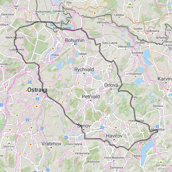 Map miniature of "Beskid Highlights" cycling inspiration in Moravskoslezsko, Czech Republic. Generated by Tarmacs.app cycling route planner