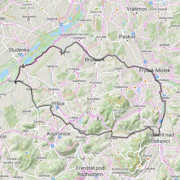 Karten-Miniaturansicht der Radinspiration "Historische Sehenswürdigkeiten und malerische Landschaften" in Moravskoslezsko, Czech Republic. Erstellt vom Tarmacs.app-Routenplaner für Radtouren