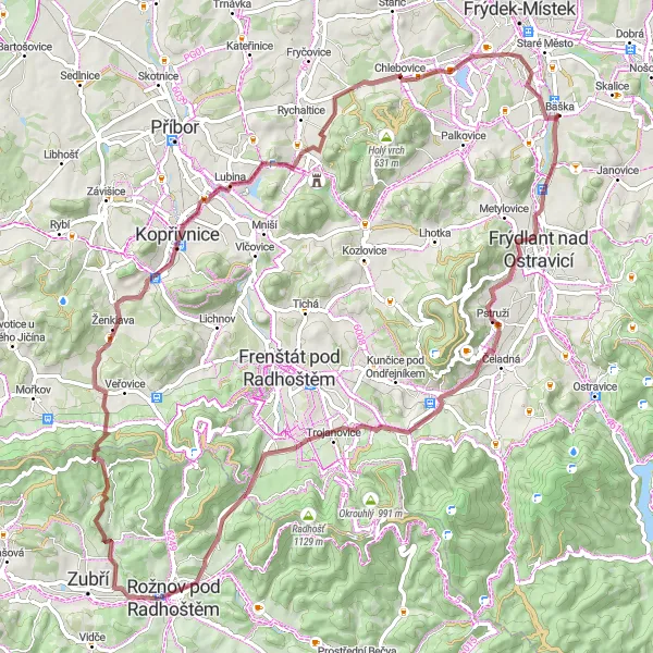 Map miniature of "Baška - Lubina Loop" cycling inspiration in Moravskoslezsko, Czech Republic. Generated by Tarmacs.app cycling route planner