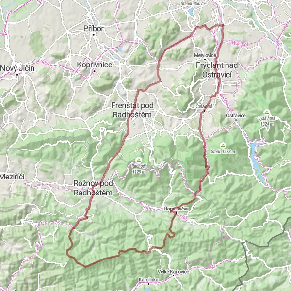 Karten-Miniaturansicht der Radinspiration "Abenteuerliche Graveltour um Baška" in Moravskoslezsko, Czech Republic. Erstellt vom Tarmacs.app-Routenplaner für Radtouren