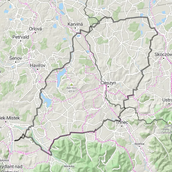 Mapa miniatúra "Výlet cez hory a dedinky" cyklistická inšpirácia v Moravskoslezsko, Czech Republic. Vygenerované cyklistickým plánovačom trás Tarmacs.app