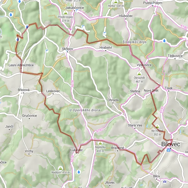 Mapa miniatúra "Gravelová cesta kolem Bílovce" cyklistická inšpirácia v Moravskoslezsko, Czech Republic. Vygenerované cyklistickým plánovačom trás Tarmacs.app