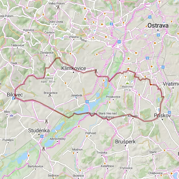 Miniaturní mapa "Okruh kolo od Bílovce" inspirace pro cyklisty v oblasti Moravskoslezsko, Czech Republic. Vytvořeno pomocí plánovače tras Tarmacs.app