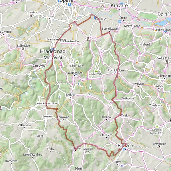Mapa miniatúra "Gravelová cesta okolo Bílovce" cyklistická inšpirácia v Moravskoslezsko, Czech Republic. Vygenerované cyklistickým plánovačom trás Tarmacs.app
