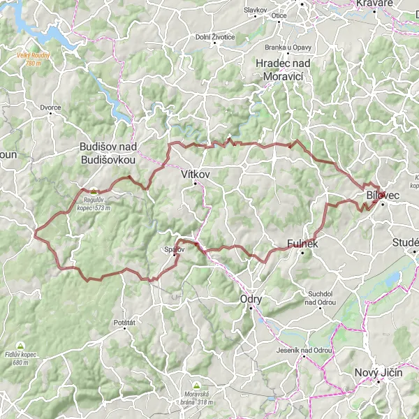 Map miniature of "The Ultimate Gravel Adventure: Bílovec Surroundings" cycling inspiration in Moravskoslezsko, Czech Republic. Generated by Tarmacs.app cycling route planner