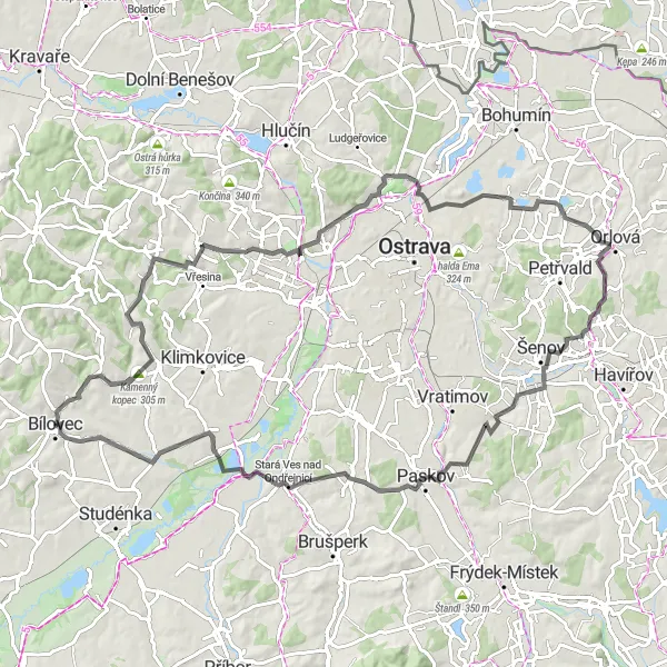 Map miniature of "Bílovec and Beyond: Road Cycling Adventure" cycling inspiration in Moravskoslezsko, Czech Republic. Generated by Tarmacs.app cycling route planner