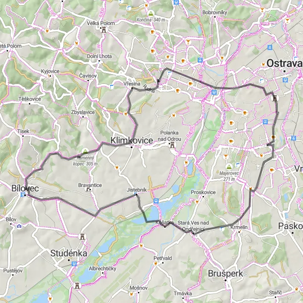 Map miniature of "Through the Hills of Bílovec" cycling inspiration in Moravskoslezsko, Czech Republic. Generated by Tarmacs.app cycling route planner