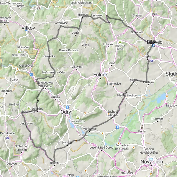 Miniaturní mapa "Silniční trasa kolem Bílovce" inspirace pro cyklisty v oblasti Moravskoslezsko, Czech Republic. Vytvořeno pomocí plánovače tras Tarmacs.app